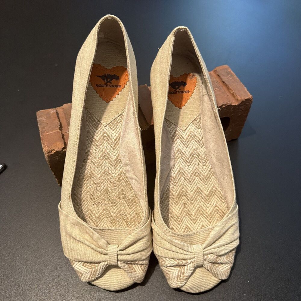 Rocket Dog Women's Beige Chevron Canvas Bow Slip-On Ballet Flats US 8